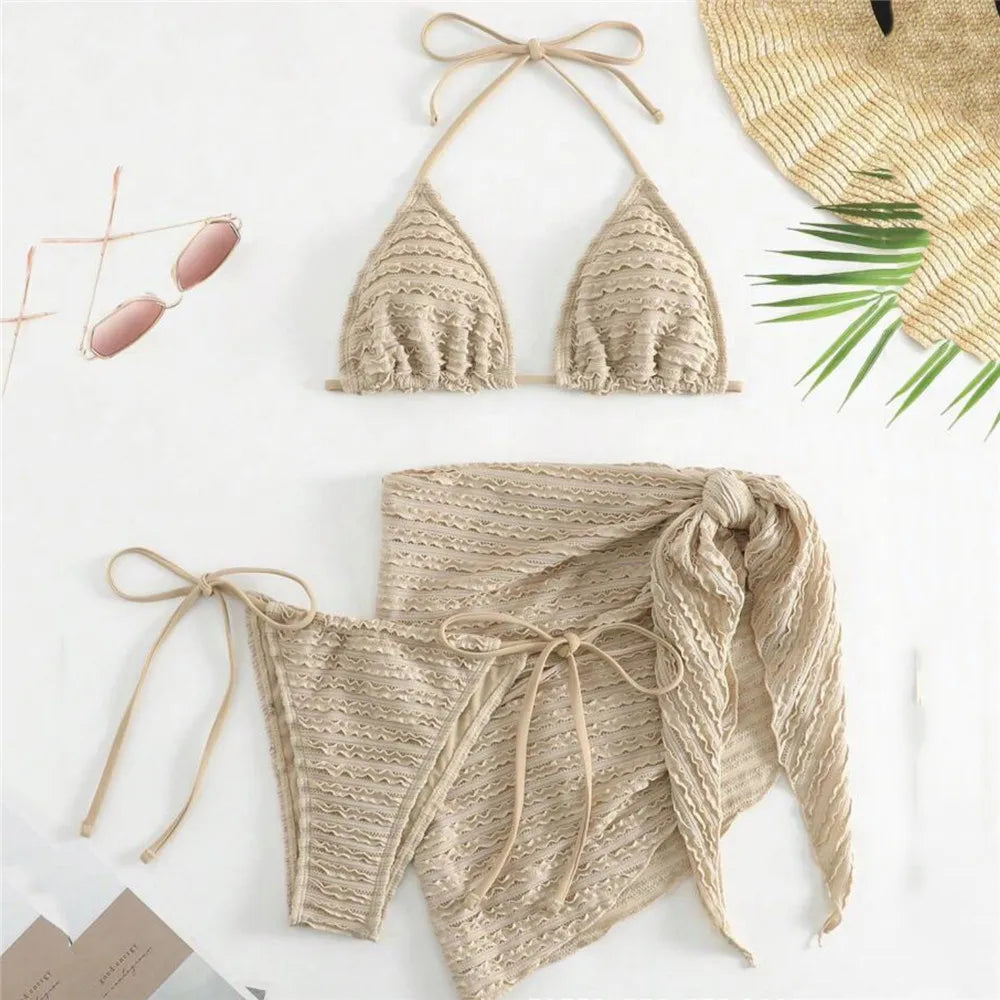 Army Green Solid Swimwears 3 Piece Halter Triangle Bikini Set Cover Ups Micro Thong Sexy Swimsuit Women Beachwear String Bikinis