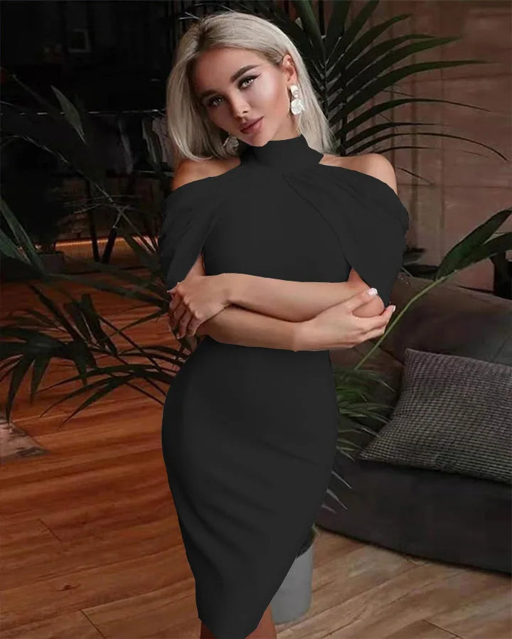 2024 New Solid Color Slim Midi Dresses Women Halter Neck Off Shoulder Package Hip Bodycon Elegant Temperament Ladies Party Dress