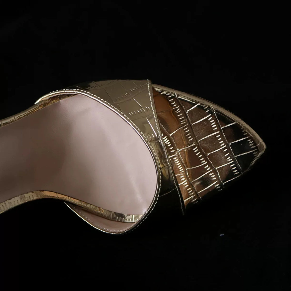 Women's Gold Crocodile Embossed Metallic Stiletto Mules - Open Toe High Heel Sandals for Party, Summer & Evening