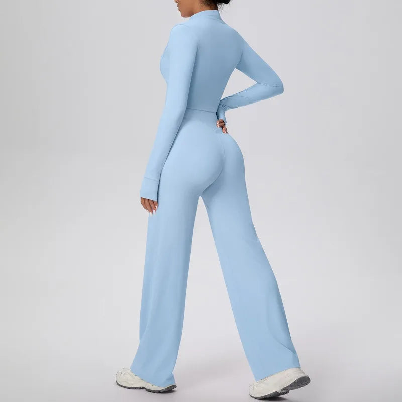 2 Pcs Women's Seamless Yoga Set Long-sleeved Wide-leg Pants Tracksuit Fitness Sports Set High-waisted Hip-lifting Slim-fit Suit