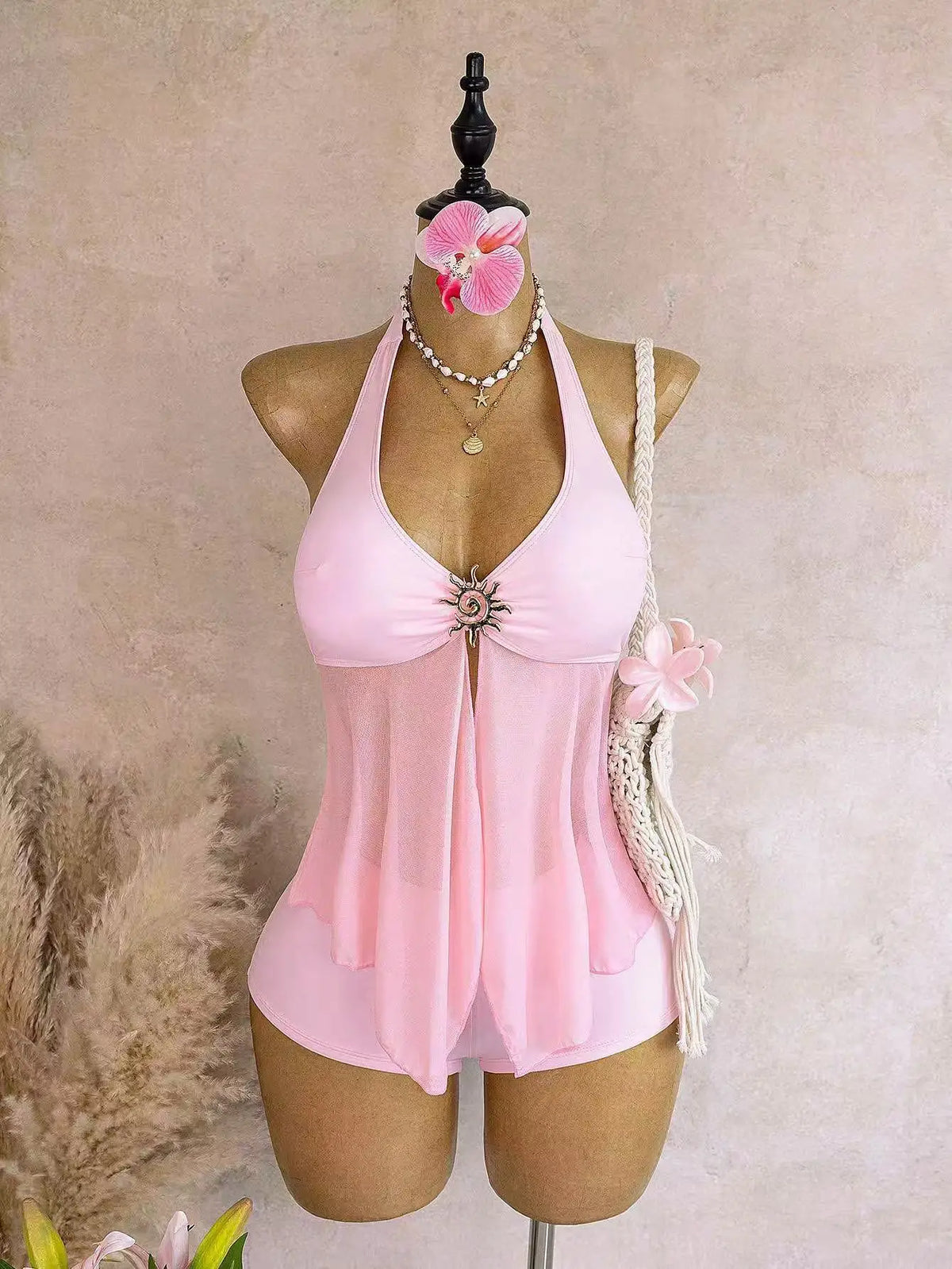 Sexy Beige Two Piece Bikini Set 2026 Women Metal Sun Ornament Mesh Tank Top High Waist Swimsuit Holiday Bathing Suit Swimwear