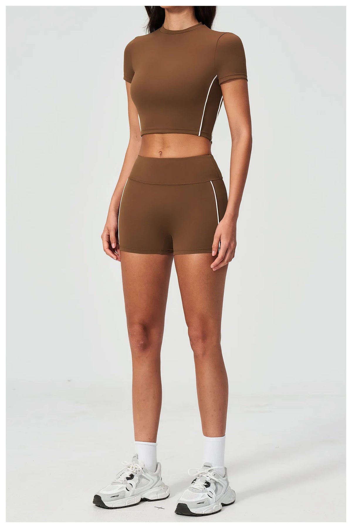 Color Contrast Yoga Suit Women Short Sleeve O Neck Sports T Shirts Tracksuit Outwear High Waist Shorts Gym Running Fitness Suits