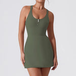 Front Zipper Tennis Dresses Women Summer Sleeveless Sports Athletic Dress Outdoor Cross Backless Pocket Short Workout Skirts