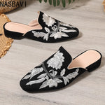 NASBAVI Fashion 3d Embroidery Mules Women Fur Slippers Velvet Shoes Ladies Low Heel Flower Decoration Sandals Women's Flip Flops