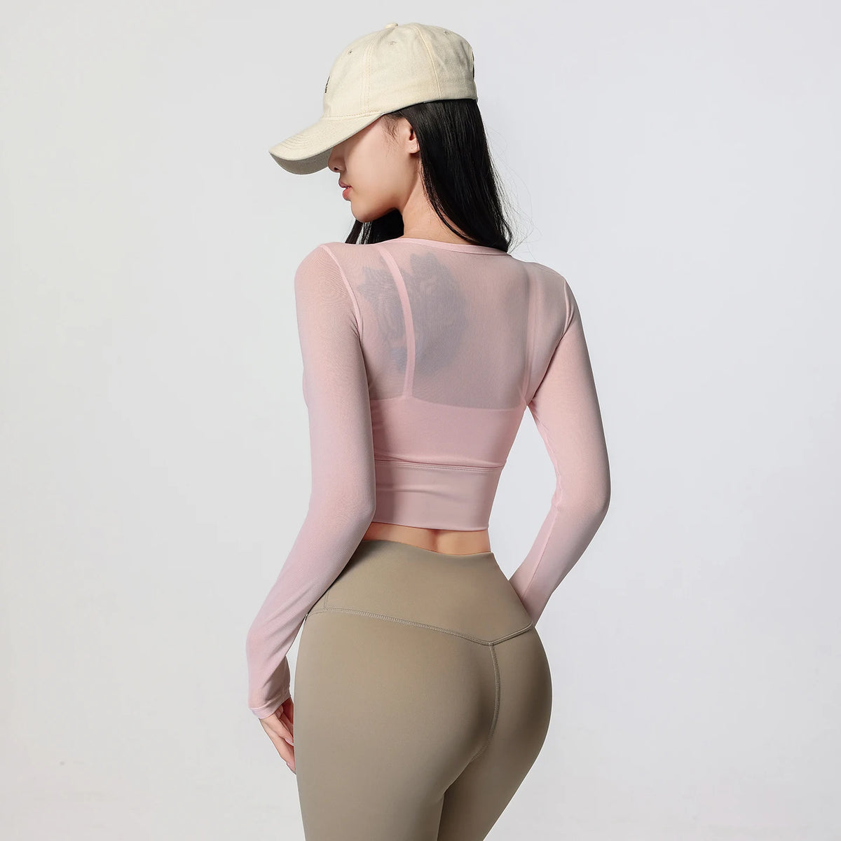 Women Mesh Long Sleeve Crop Yoga Top V Neck Twist Front Built-in Bra Quick Dry Breathable Workout Running Sports Shirt