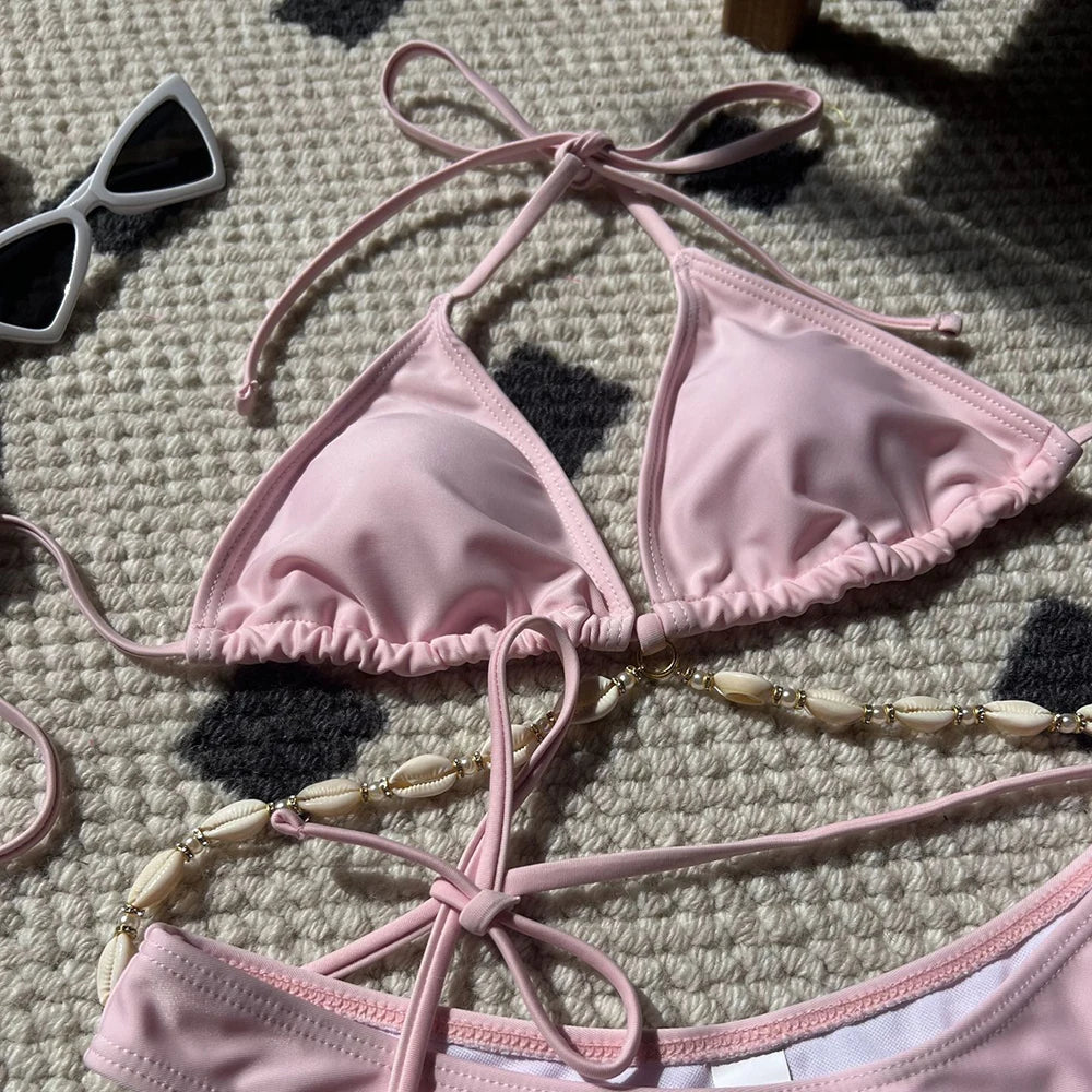 Sexy White Shell String Halter Triangle Bikini Set Women Swimwear Micro Thong Swimsuit Bathing Suit Mini Bikinis 2026 Mujer Swim