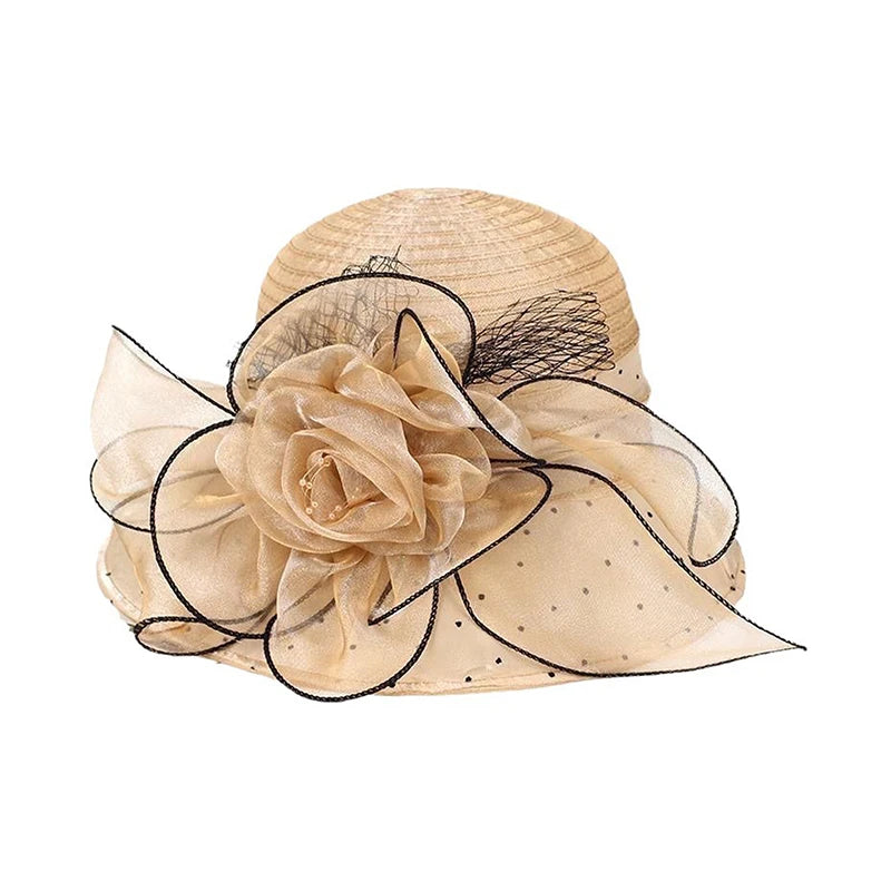Women's Organza Flower Sun Hat Wide Brim Bucket Cap Wedding Church Dress Hat Fascinator Bridal Tea Party Hat