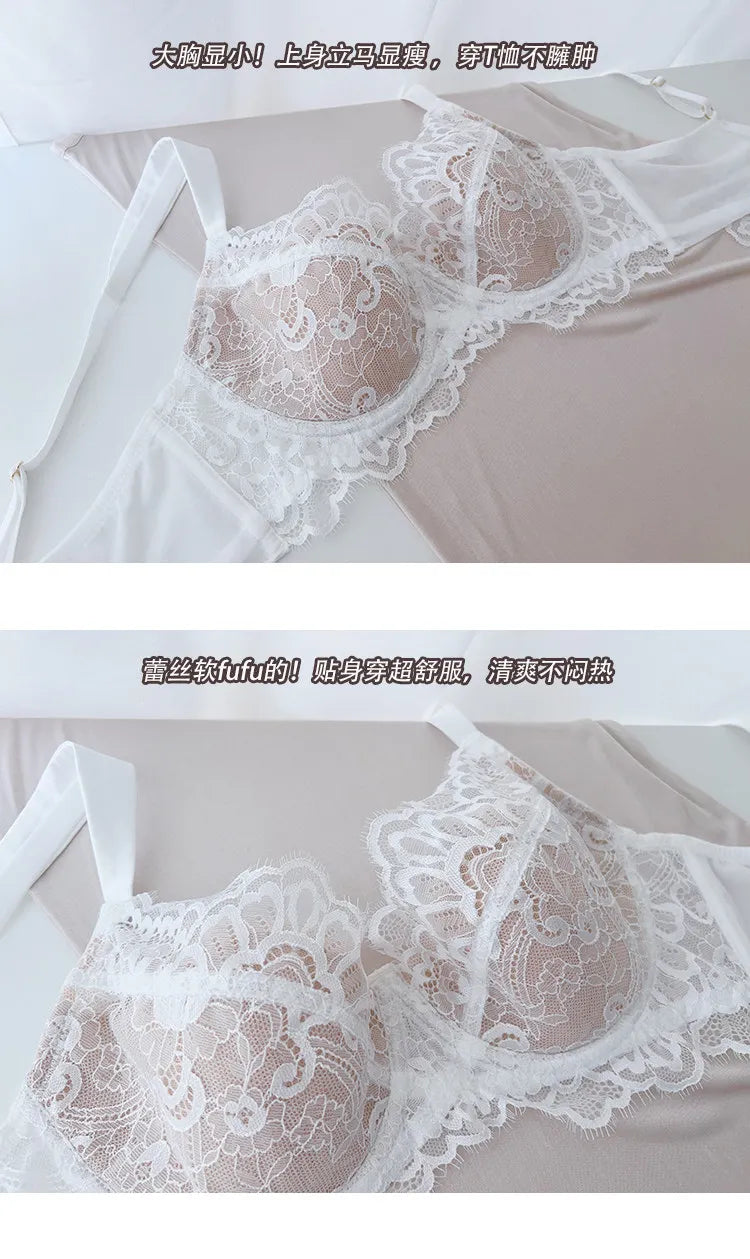 French Lace Bra Set Women Sexy Deep V Push Up Big Bust Minimizer Anti Sagging Support Wireless Comfort Summer Ultra Thin Cotton