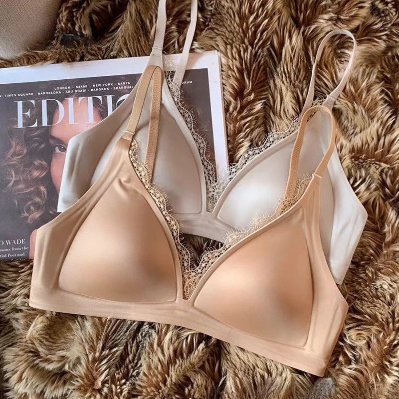 Glossy Satin Seamless Underwear Everyday BraWomen's Deep V-neck Thin Shoulder Strap Thin Bra for Women Bralette