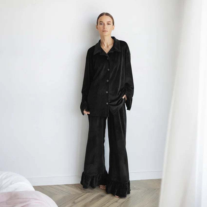 Women European Style Pajama Set Autumn Winter Skin Friendly Warm Comfortable Long Sleeve Pants Two Piece Ladies Sleepwear