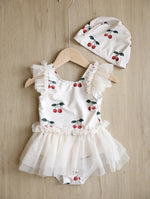 Princess Mesh Swimsuit Baby Girl Swan Cherry Sling Cute Swimming Suit Quick Drying Sun Protection Swim Wear with Cap H8126