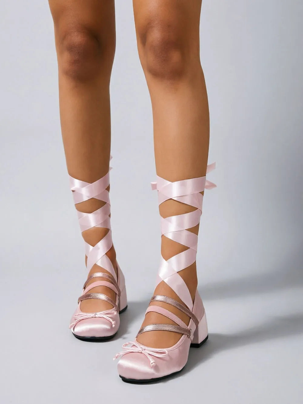 Pink Satin Ballet Style Heels Women Pumps Round Toe Ballerina Ribbon Wrap Leg Tie Up Chunky Block Mid Heel Cosplay Dress Shoes