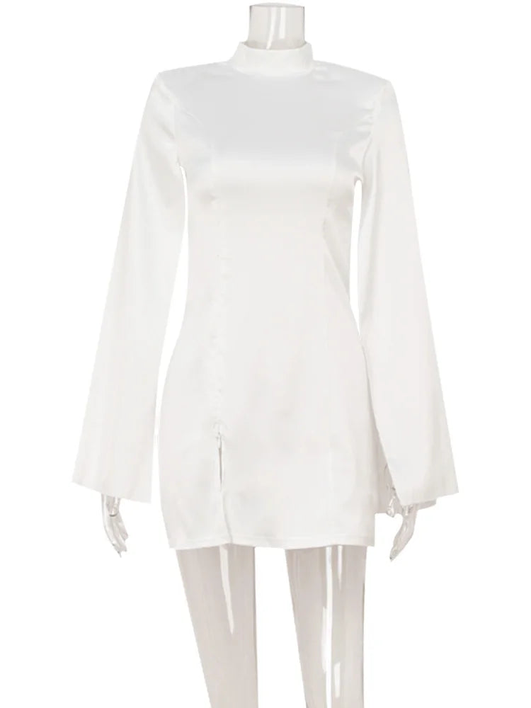 Ahagaga Eelgant Mini Dresses For Women Solid Long Flare Sleeves Turtleneck Sheath Satin Fashion Split Party Slim Fit Female Robe