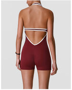 Color Blocking Yoga Jumpsuit Women Sleeveless Hollow Out Backless Slim Sports One Piece Short Suit Gym Running Fitness Rompers