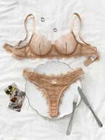 Ladies' Basic Style Thin Lace Bra And Panty Set Seamless Single Layer Eyelet Underwear Comfortable Intimate Apparel