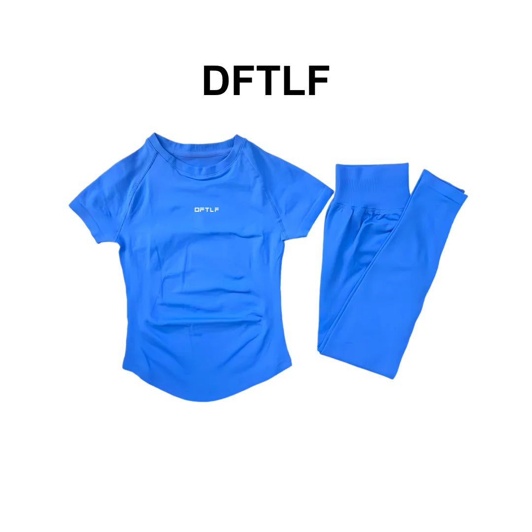 DFTLF 2 Pieces Women Yoga Set Slim Short Sleeve Top High Waist Leggings Seamless Workout Gym Fitness Quick Dry Sportswear Suit