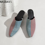 NASBAVI New Breathable Hollow Slippers Stone Pattern Leather Pumps Women Chunky Heels Mules Black Dress Shoes Big Size 45 46 47