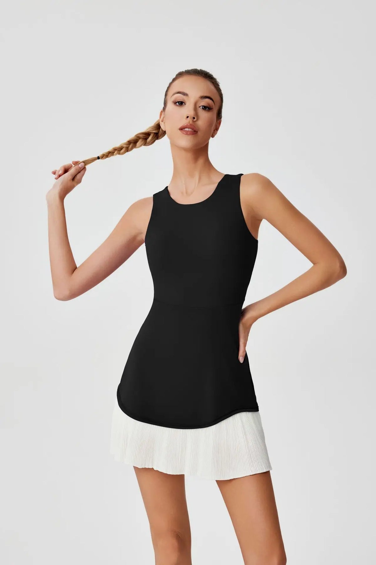 Women One-piece Tennis Dress Summer Black Contrast Pleated Anti Light Speed Dry Sports Dresses Hollowed Out Back Yoga Clothes