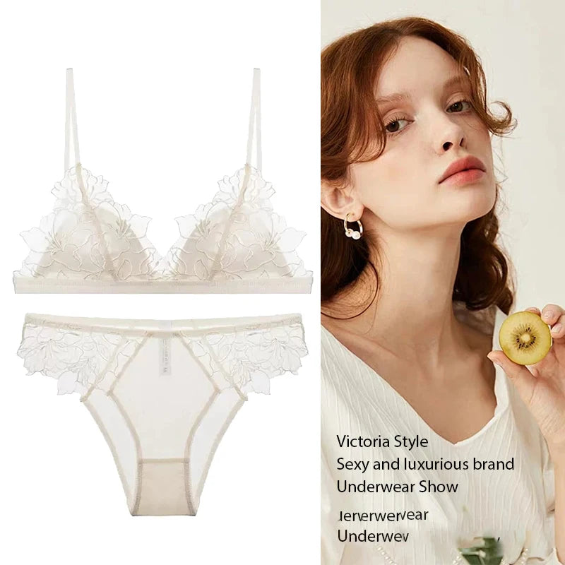MOYISU Pure Desire Victoria French Lace Embroidered Lingerie Women's Thin Cup Triangle Cup Bra Set Comfortable No Underwire