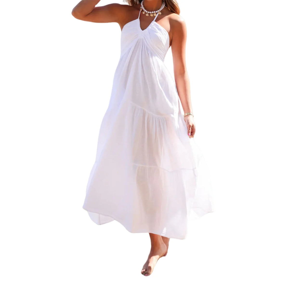 Women Summer Halter Neck Dress Sleeveless Backless Ruffle Hem Flowy Solid Color Dress for Party Beach Club Streetwear Casual