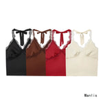 Women's Fashionable Casual Lace Halter V-Neck Double-Sided Satin Short Backless Solid Color Camisole For Woman Lace Trimmed 8BZO