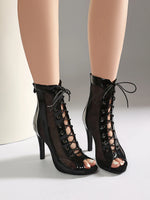 Plus Size Women Patent Leather Mesh Spliced Ankle Boots Back Zipper Peep Toe Lace Up Stiletto High Heels Hollow Out Summer Booti