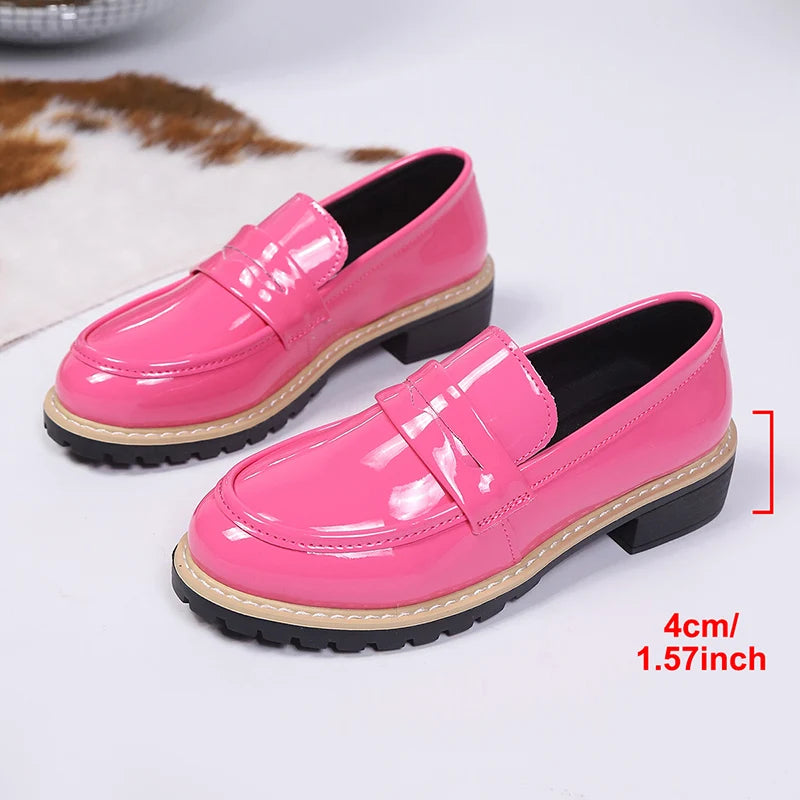 Patent Leather Thick Heels Loafers Women Spring New Mixed Color Med Heel Office Pumps Woman Plus Size 43 Slip On Single Shoes