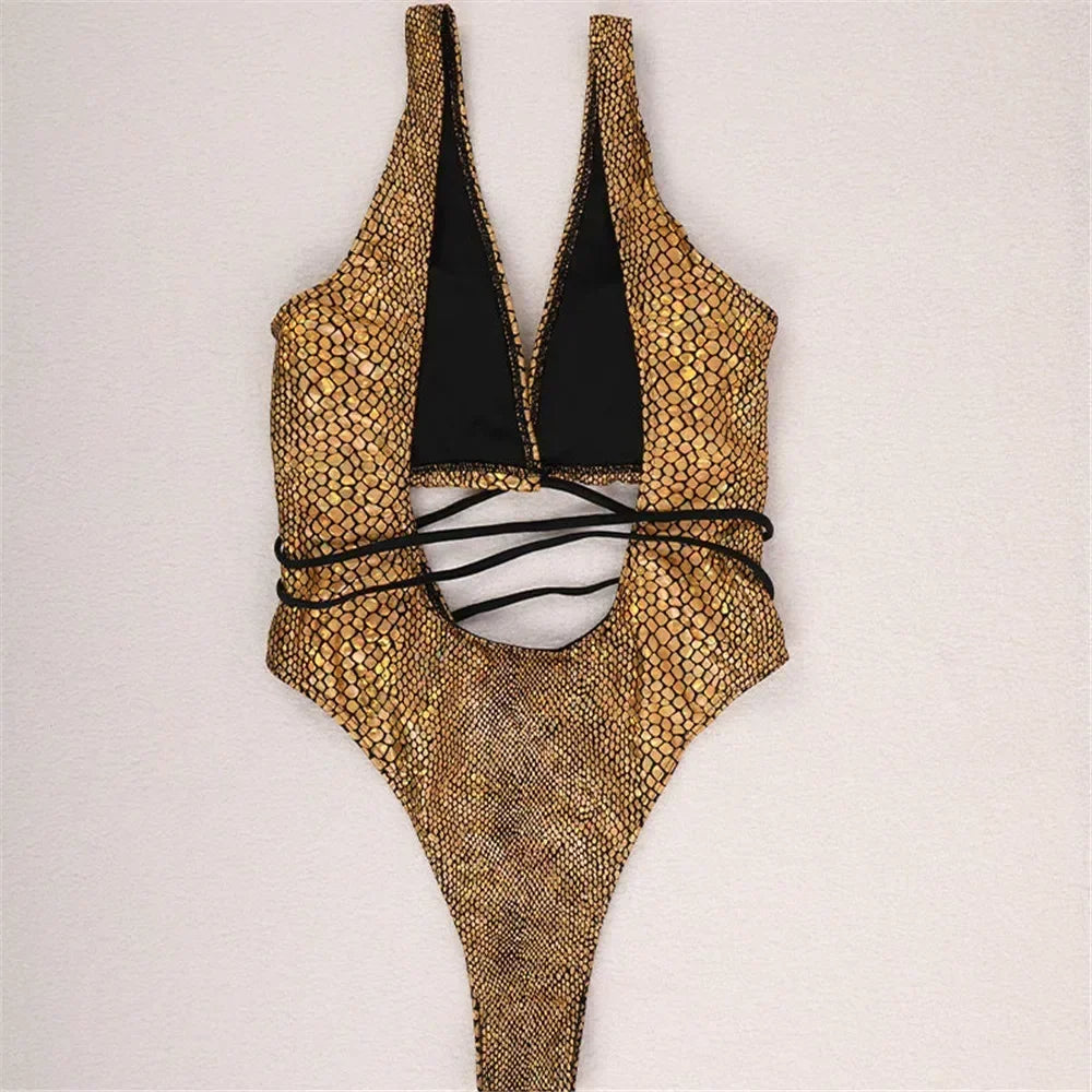 Sexy Gold Snake Print Shiny Swimwear Cut Out Monokini One Piece Swimsuits Women 2025 String Cross Bathing Swimming Suit Bodysuit