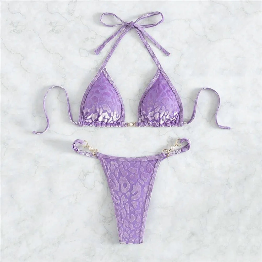 Purple Velvet Leopard Swimsuit Sexy String Halter Triangle Bikinis Sets De Mujer Micro Thong Swimwear Women Bikinis Bathing Suit