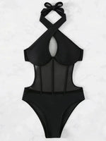 Halter Mesh Sheer Underwired One Piece Swimsuit Women Swimwear Female Backless Hollow Out Monokini High Cut Bathing Suit Swim