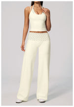 Women's 2 Piece Yoga Set Halter Neck Crop Top Fold Over Waist Wide Legged Flare Trousers Polka Dot Striped Gym Workout Running