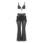 Women 4 Piece Swimsuit Dots Print Bikini Sets Bra Thongs Sheer Pants Cover-ups Scarf Bathing Suit for Beach Pool