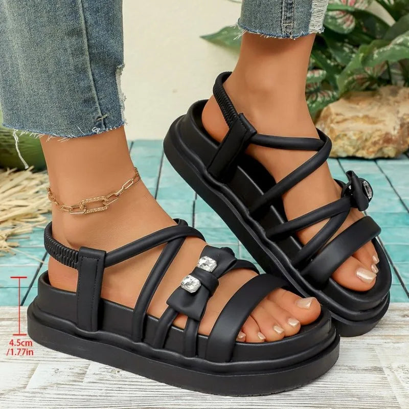 Women's RhinestonePlatform Sandals Casual Cross Strap Summer Shoes Non-Slip Thick Sole Beach Footwear