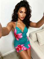 Retro Style Women's Floral Halter Dress Summer Backless Sleeveless Low Cut Bodycon Mini Dress Party Beach Vacation
