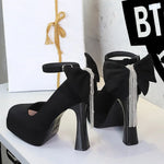 BIGTREE Women's Pointed Toe High Heels Back Bowknot Elegant Flock Ankle Strap Pumps for Women Black Dress Shoe Wedding Party