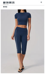 Color Blocked Yoga Suit Women Tracksuit Short Sleeve Shock-absorbing Sports T Shirts High Waist Pants Gym Running Fitness Suits