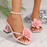 Pink Flower Thick Heeled Sandals Women Elegant Square Toe Party Wedding High Heel Shoes Woman Plus Size 43 Summer Sandalias