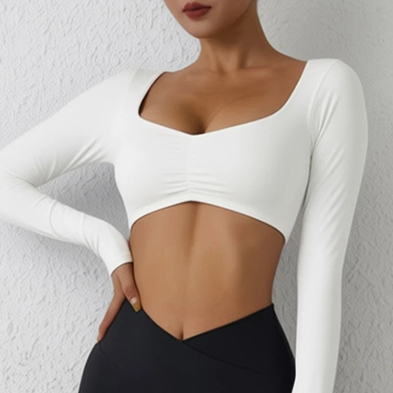 DIAS FIT JOY Nylon Gym Top Yoga Long Sleeved T-Shirt Tight Pleated Sports Top Women's Waist Tight Yoga Top