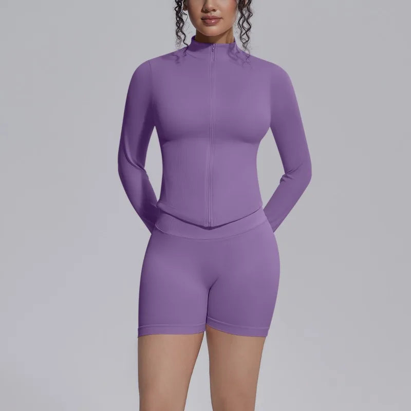 Women's Seamless Yoga Sets Sports Fitness Gym Zipper Long-Sleeve Jacket Hip Lift High-Waist Shorts Suits Workout Training Sets