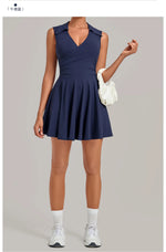 Summer Women Solid Tennis Dresses Sleeveless Turn Down Collar Pleated Skirts with Detachable Pocket Shorts Slim Yoga Golf Dress