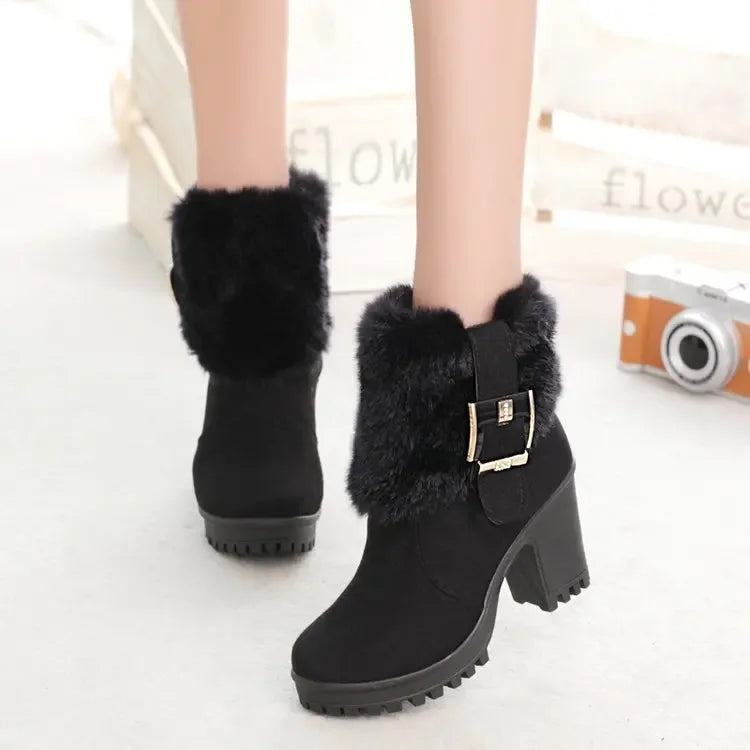Square heel women winter shoes classic buckle warm fur snow ladies boots high heels black platform ankle boots women botas 362