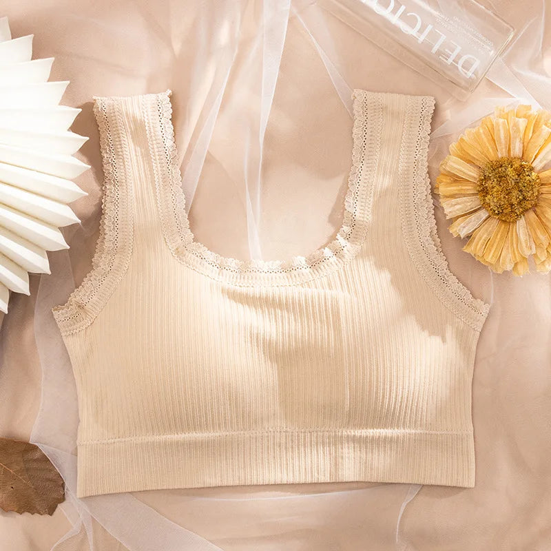 Women Wire Free Bra Removable Pad Bandeau Fixed Wide Lace Trim Strap Rib Tube Top Everyday Layering Intimates