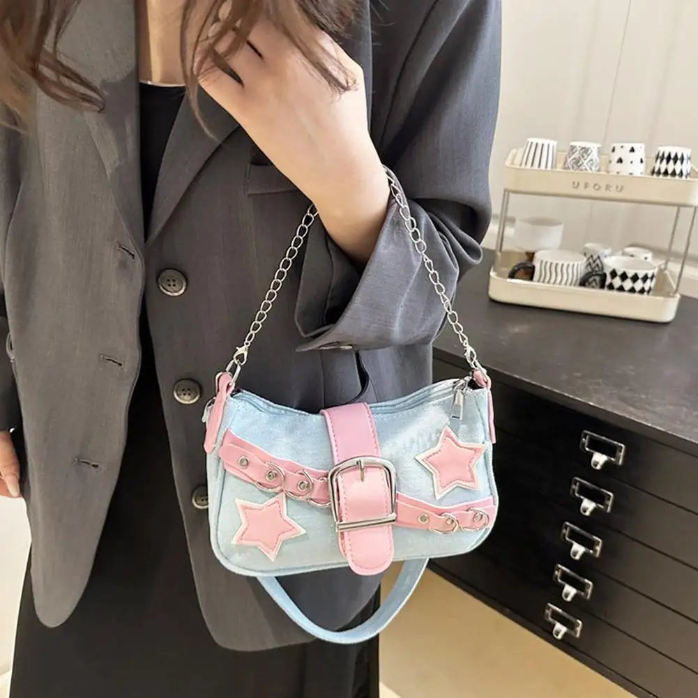 Fashion Women's Handbags Denim Stars Pattern Cool Girls Underarm Bag Female Small Shoulder Hobo Bags Chain Tote Bag