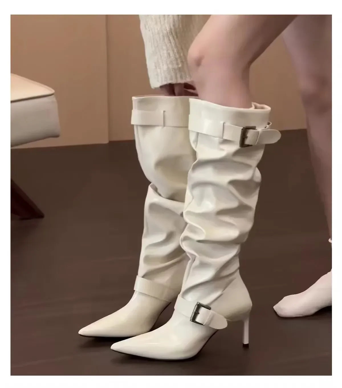 Women Patent Leather Pointed Toe Knee High Boots Thin High Heel Double Strap Buckle Tall Boots Retro Ladies Leather Long Boots