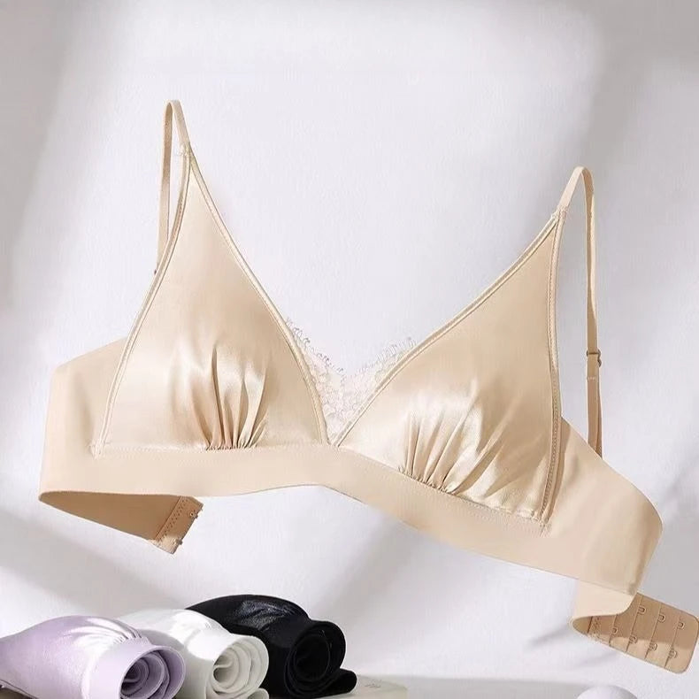 French Elegant Bra Lingerie Wirefree Bra Luxury Satin Bralette for Small Chest Summer Thin Lace Bra Elegant Comfort Bralette