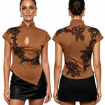 Women's Cheongsam Tops Mock Neck Short Sleeve Lace PatchworkBlouse Chinese Style Keyhole Summer Shirts