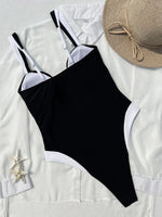Vintage Black White Patchwork Swimwear Women 2026 Sexy Metal U Neck Backless One Piece Swimsuit Beach Bathing Suits Monokini
