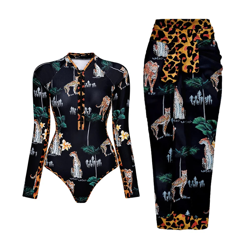 Black And Printed Long Sleeve Swimsuit With Cover Up Sexy Swimwear Women Surf Swim Suit Slimming Bathingsuit Bodysuit Beachwear