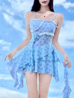 Sexy Blue Floral Print Dress One Piece Swimsuit Women Halter Lace Trim Push Up Ruffles Beach Bathing Suit Vacation Swimwear 2025
