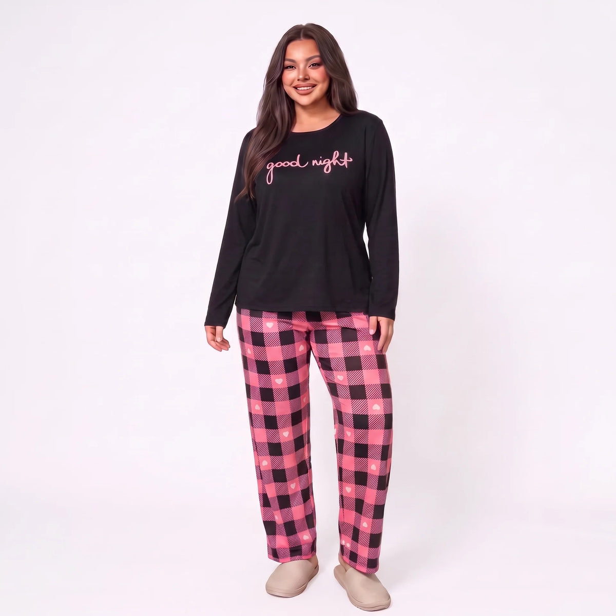 Women Plus Size Milk Silk Pajama Set Plaid Letter Print Long Sleeve Autumn Winter Ladies Casual Home Sleepwear